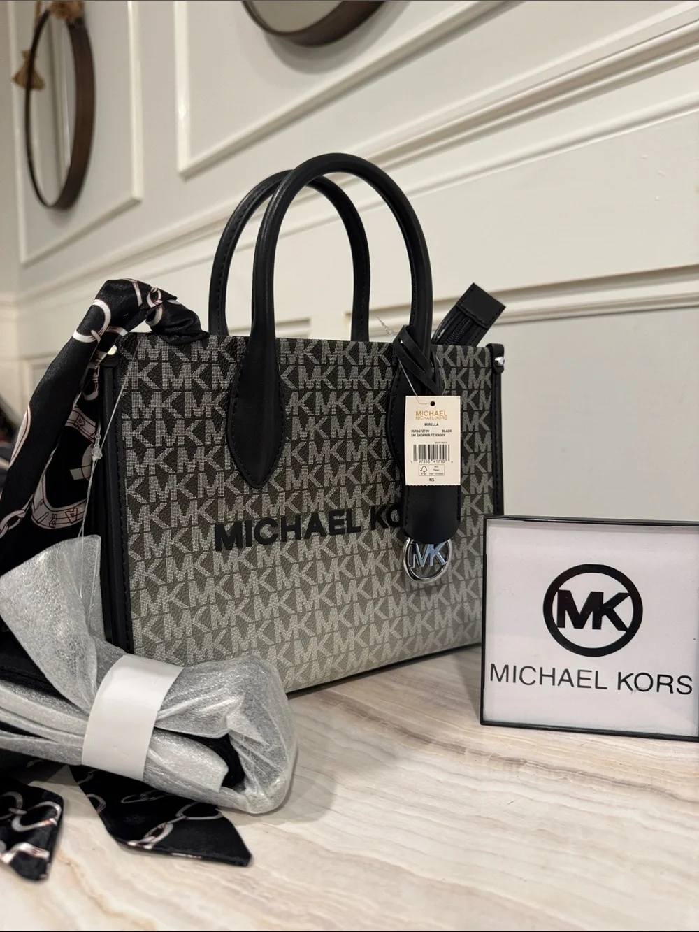 Michael Kors Bag Mirella Small Tote Satchel Crossbody Gray Black Signature Logo